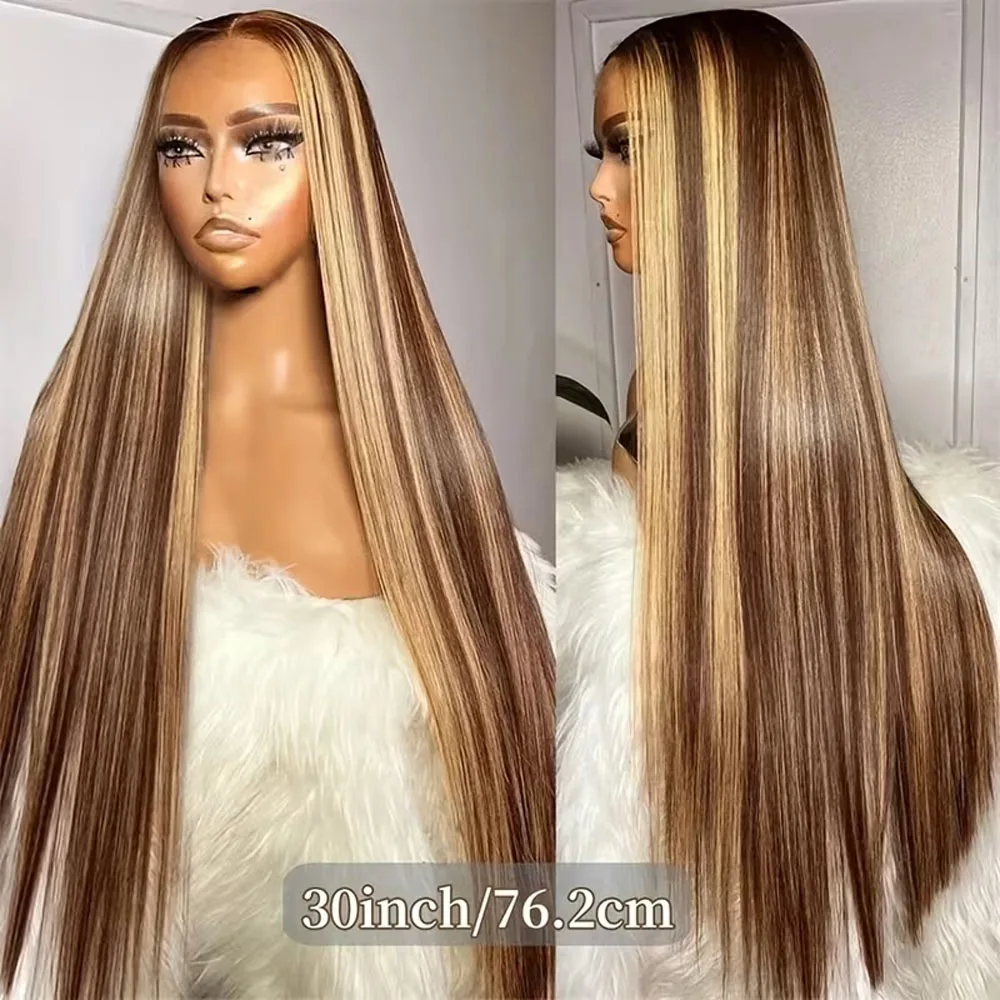 Brazilian Human Hair Bone Straight Colored Wig - 13x4 Lace Frontal 30 Inch P4/27 Ombre Brown Highlight Honey Blonde Wig
