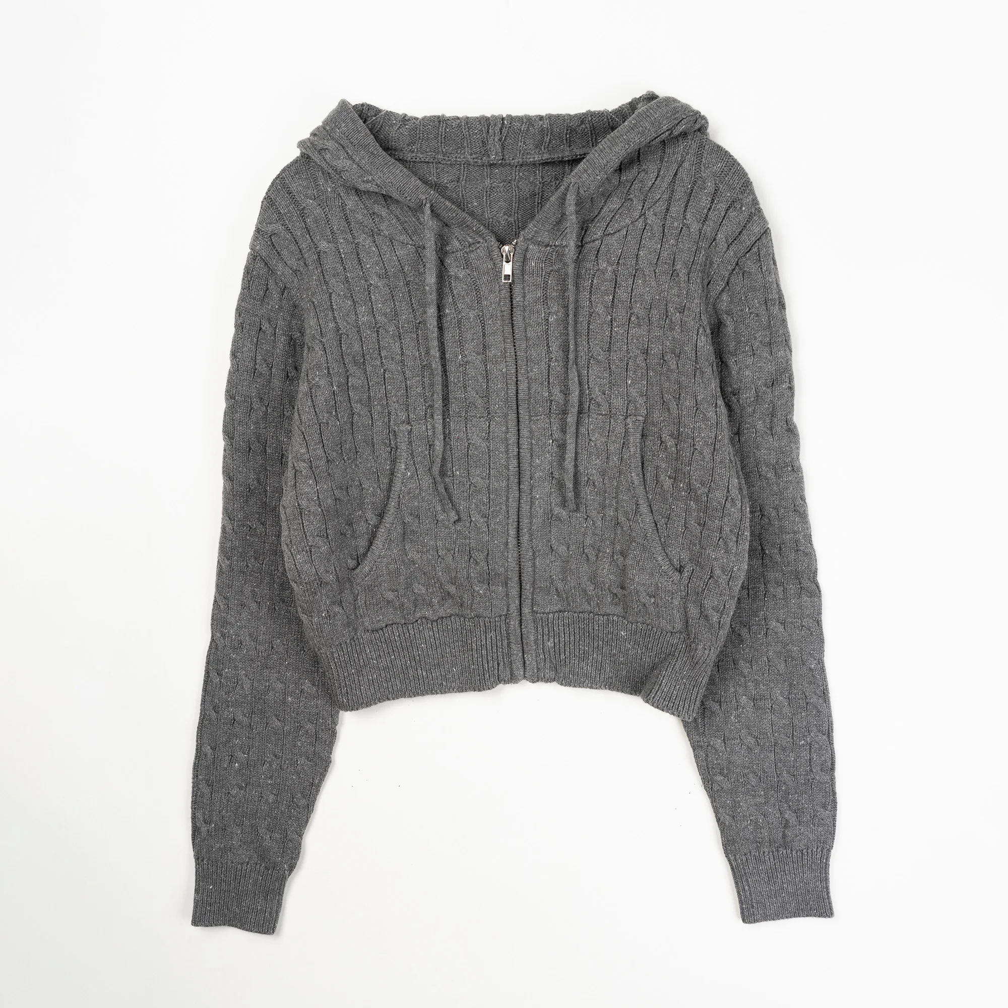 Cropped Zip Up Cable Knit Cotton Hooded Cardigan Sweater