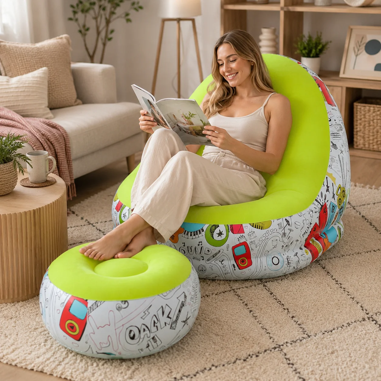 1pc Inflatable Graffiti Lounge Chair with Ottoman, Portable Air Sofa Footrest Set for Bedroom Living Room Camping Adults image 5
