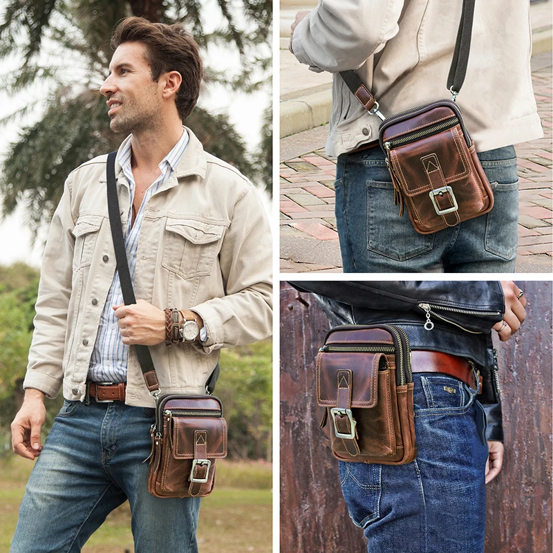 Contact\'s Vintage Men Shoulder Bag Engraving Genuine Leather Flap Small Crossbody Bags For Men Phone Pocket Fanny Pack Waist Bag