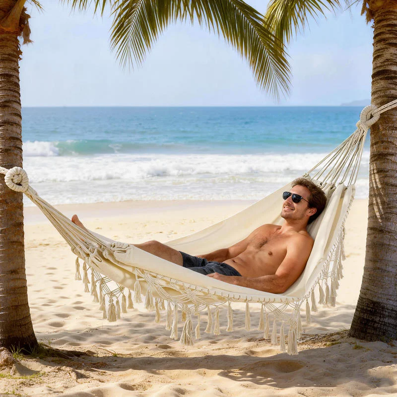Boheme Extra Large Outdoor Hammock with Fringe and Carry Bag 288 x 150 cm Beige