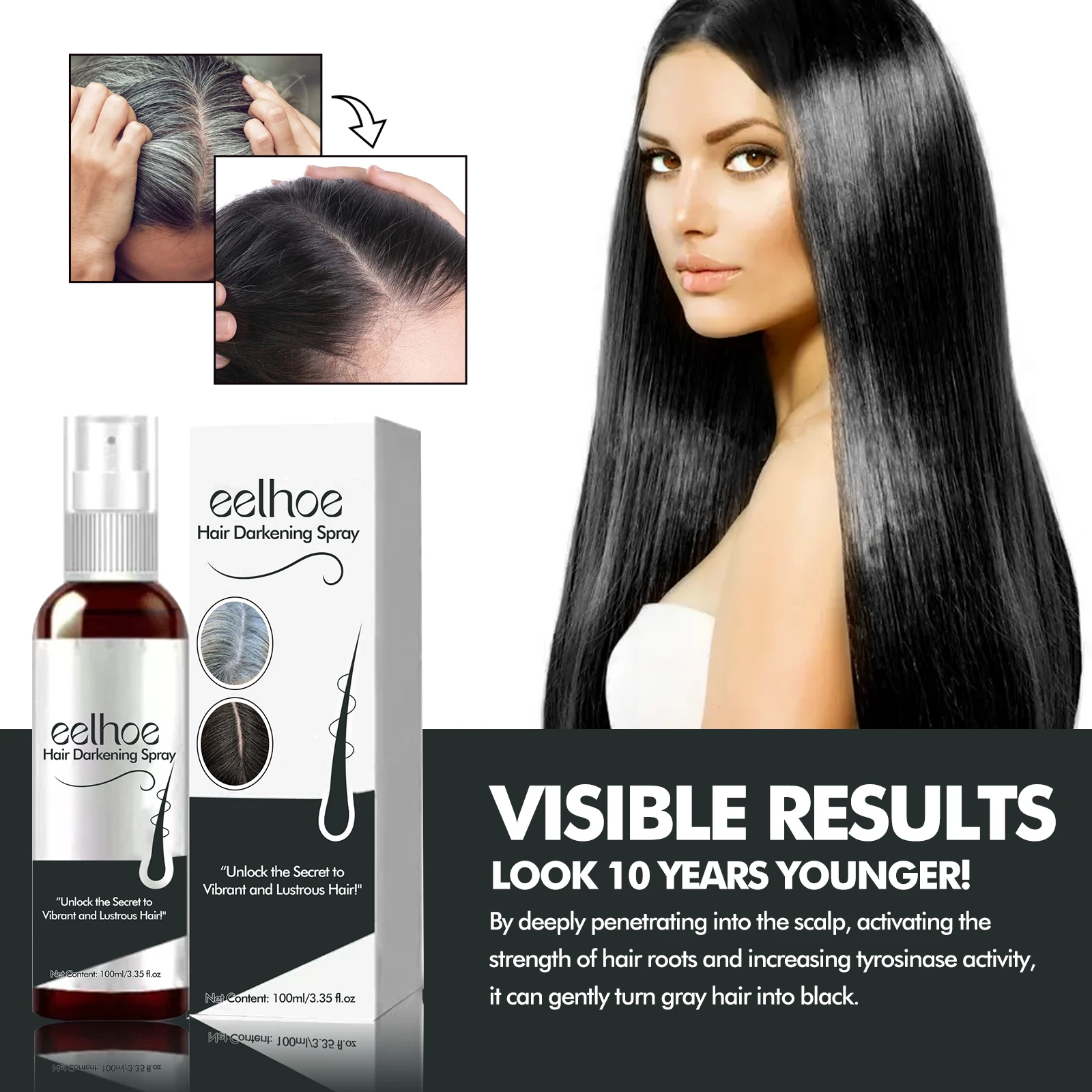 EELHOE Black Hair Spray Dye White to Black Serum Anti Gray Cover White Hair Remover Spray Scalp Nourishing Darkening Hair Spray