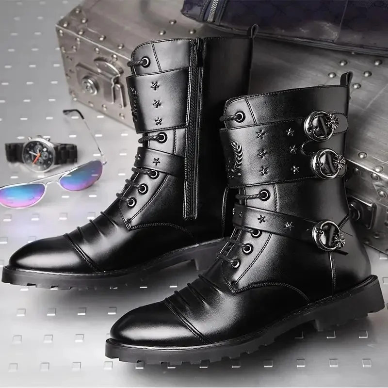 Męskie buty zimowe ciepło aksamitna funkcja metalowa buty rowerowe na wysokim obcasie buty zwiększające wysokość buty motocyklowe czarne 37-48 — zdjęcie 2