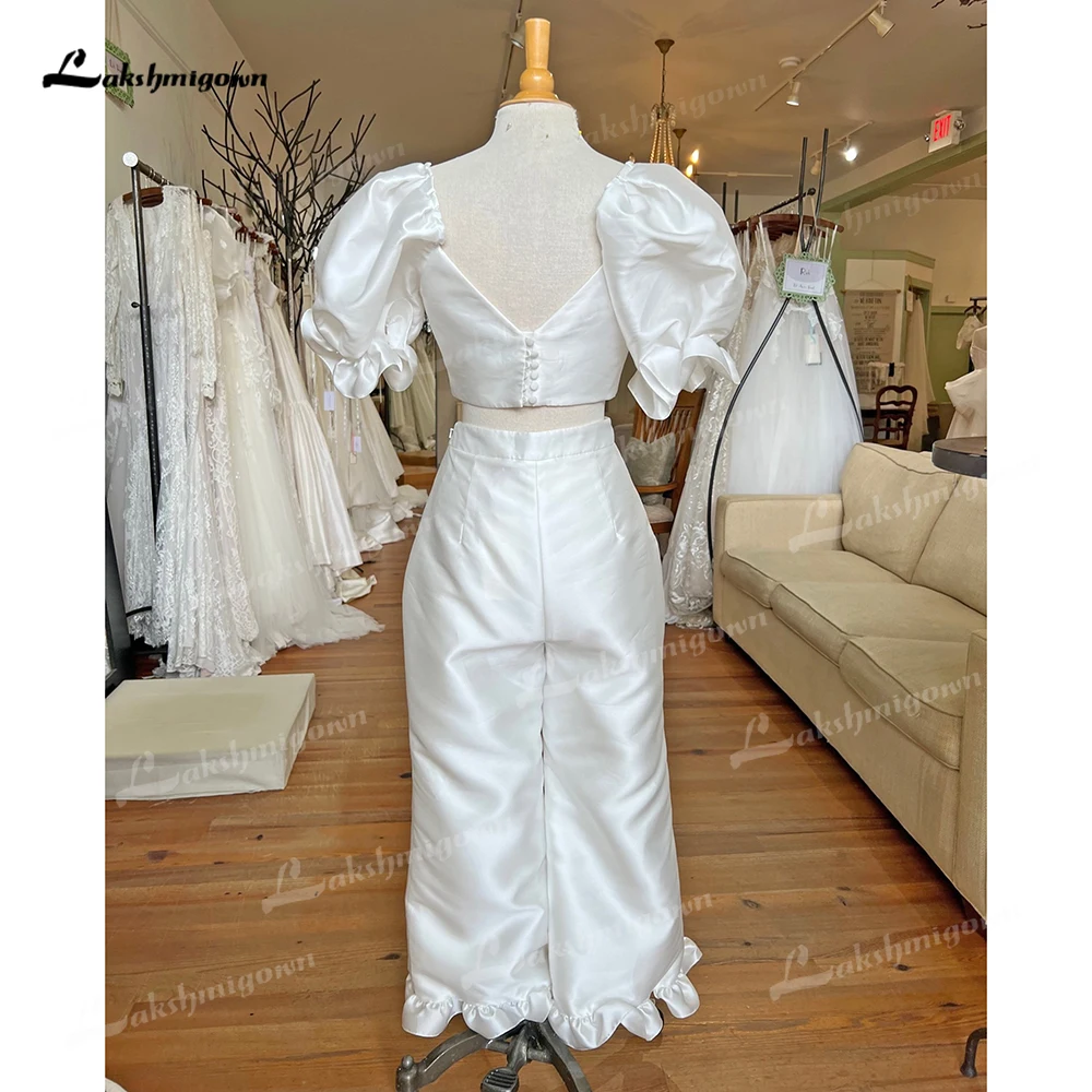 Simple Sexy Sweetheart Short Puff Sleeve Back Button Pleat Satin Jumpsuit Wedding Dress Custom For Women Boho Bride Gown Vestido