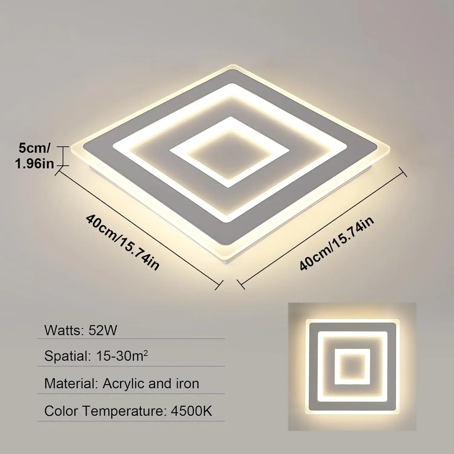 Witte LED moderne vierkante plafondlamp, 42W acryl LED-plafondlamp voor slaapkamer, woonkamer, hal, badkamer, keuken