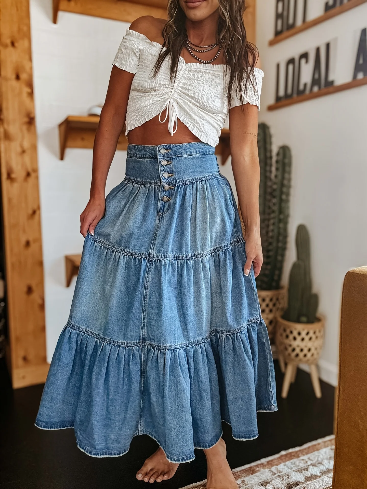 

Women's Bohemian A-Line Denim Skirt - Layered Cake Ruffle Design, High Waist Vintage Fashion, Casual Streetwear for Spring Summe
