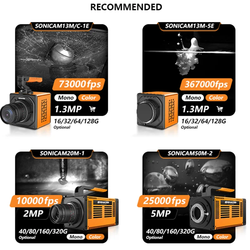 كاميرا 10GigE 2048x1024 عالية السرعة 4000–25000 إطارًا في الثانية مصراع عالمي ISO67000 تصوير رقمي فائق السرعة للمناسبات المتحركة السريعة