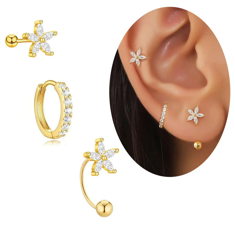 3Pcs Fashion Stainless Steel Star Zircon Huggie Hoop Earrings Set For Women Flower Stud Helix Cartilage Earring Piercing Jewelry