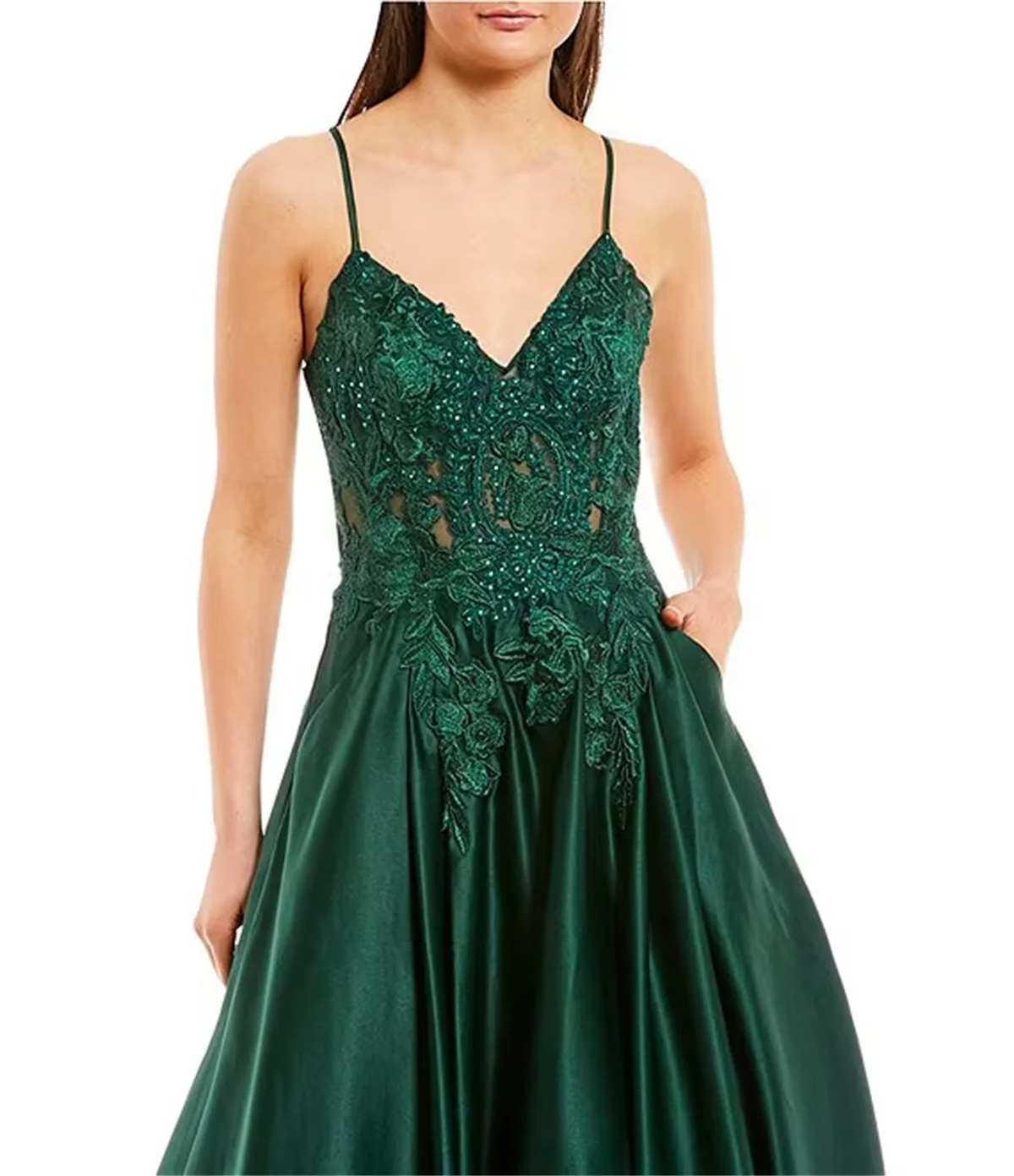 Women's Suspender V-neck Dark Green Ball Dress Lace Applique With Beaded Skinny Straps Full Length Formal Occasion Dress 2023