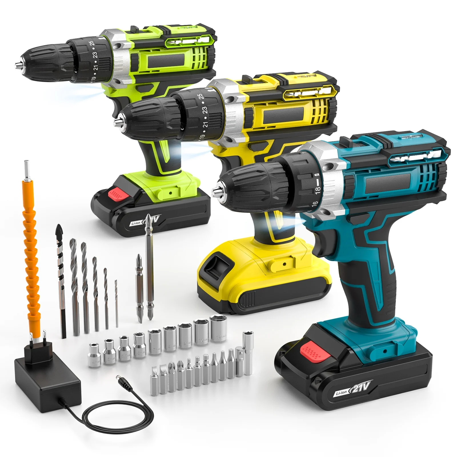 juego de taladro atornillador inalambrico de 21v destornillador electrico con 253 ajustes de torque y 2 velocidades variables 2 baterias de litio recargables con brocas y estuche de almacenamiento