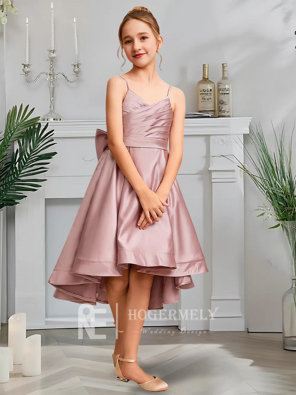 

A Luxurious A-Line Junior Bridesmaid Dress Twilight Blush Flower Girl Dress V-Neck Asymmetrical Satin Bow Accent Garden Gala