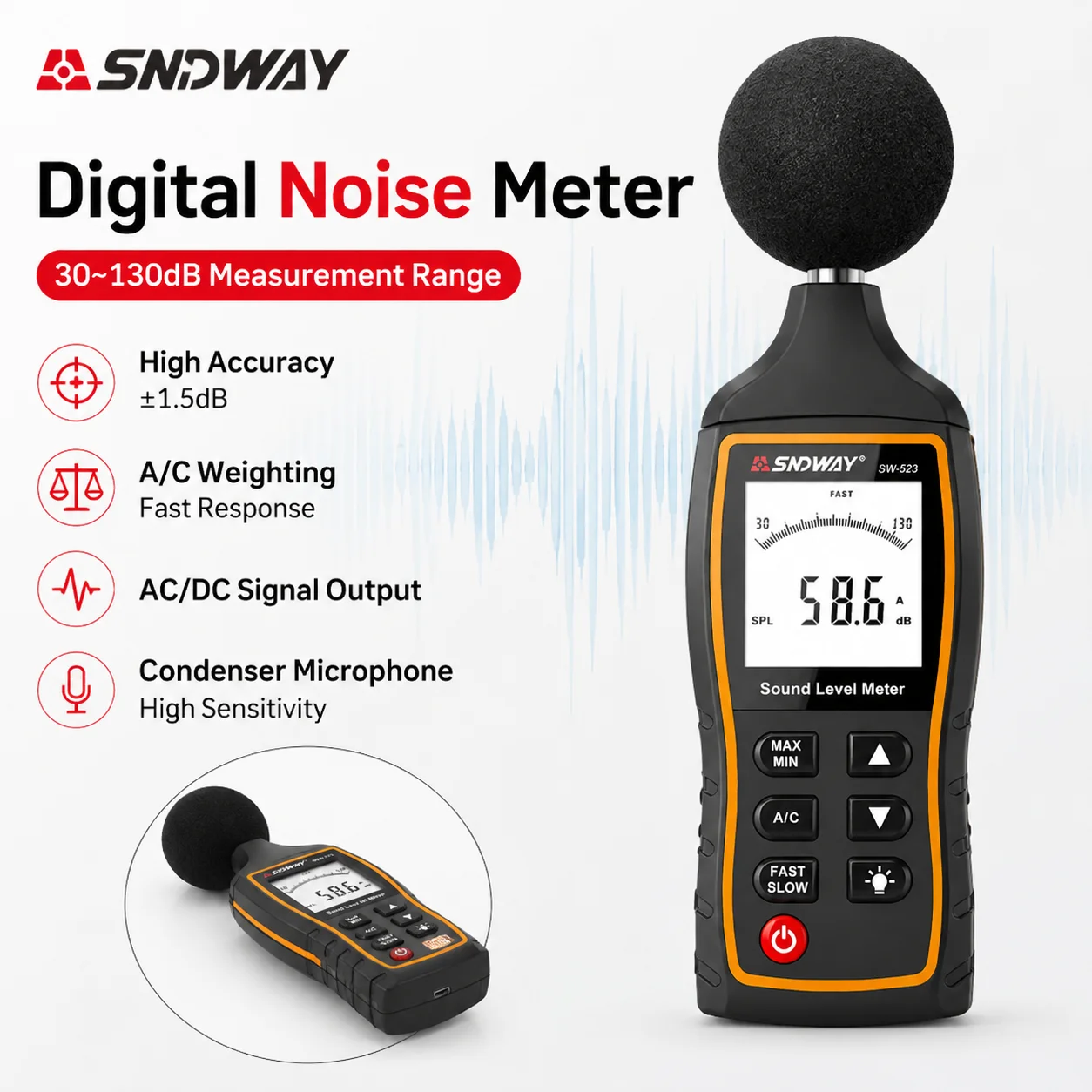 SNDWAY SW-523 Digital Sound Level Meter 30-130dB Noise Decibel Tester with Backlight & Data Hold for Home/Factory/Office