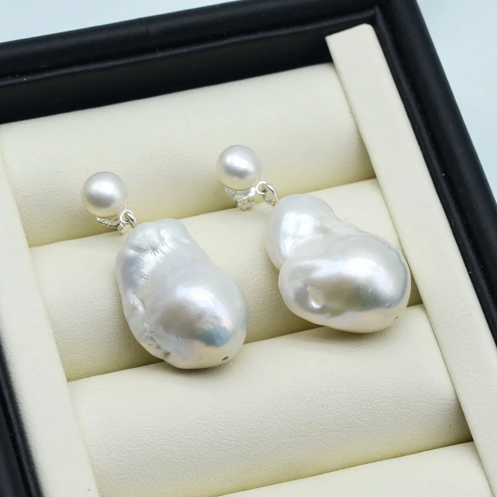 Baroque Pearl Earrings Large Drop Shape White Natural Freshwater Pearl Pendant 925 Sterling Silver Women\'s Earrings