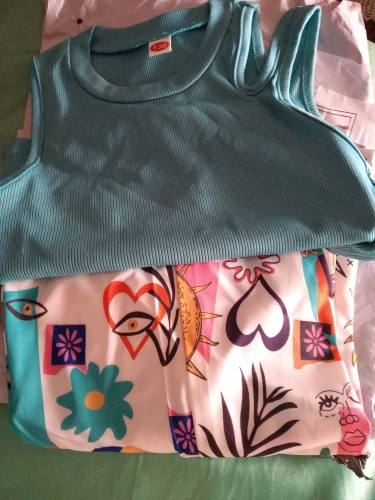 Summer Teenage Girls Clothing Set Off-Shoulder Ribbed Tank Tops and Printed Pants Two-Piece Sets for Kids Girl 6-14 Y photo review