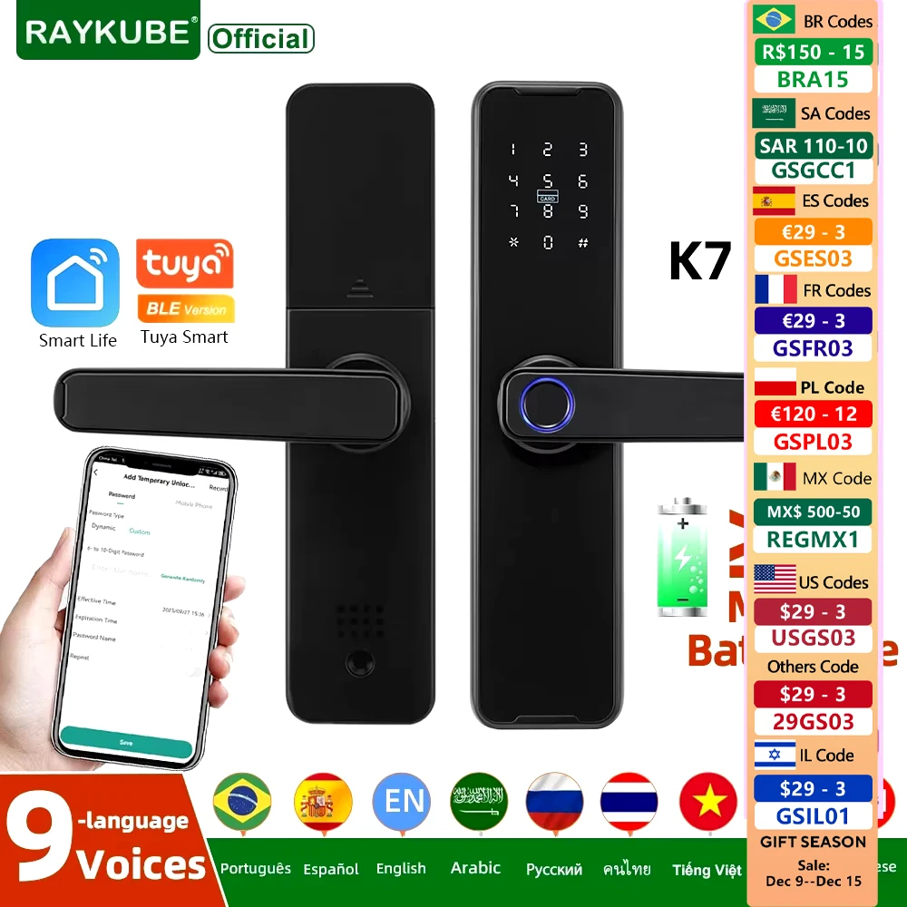 RAYKUBE Biometric Fingerprint Door Lock K7 Pro+ Smart Lock Tuya App Remote Unlocking Keyless Lock Electronic Door Lock