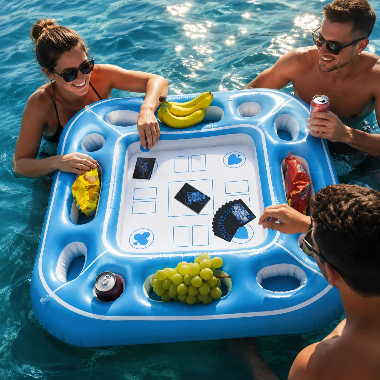 

Inflatable pool floating card game table, with poker set, PVC material water bar table adult summer fun party drinks snacks tray