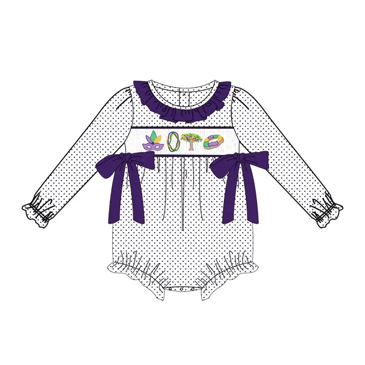 Newest design mardi gras kids clothes boutique outfit smocked children clothing for baby girl outfit