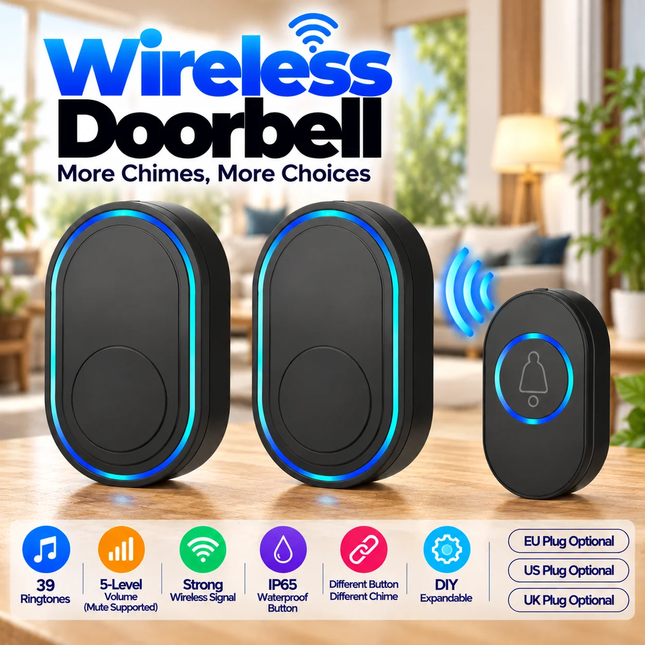 Home Wireless Doorbell 433Mhz Welcome Friend Smart Doorbell 300Meters Long Distance 39 Songs 5 Level Volumes Door Chimes