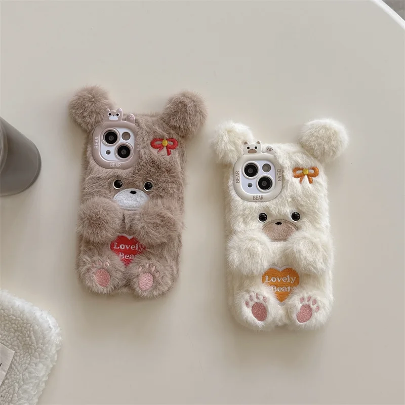 

South Korea cute plush bow bear phone case for iPhone 11 12 13Pro 14plus 15promax 16Pro cartoon Furry girl fall proof full cover