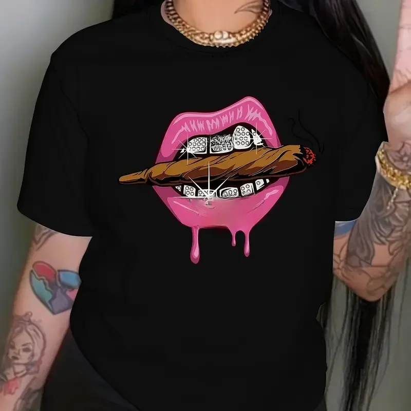 Z nadrukiem ust koszulka na co dzień z krótkim rękawem Top z okrągłym wycięciem na szyi na letnie ubrania damskie odzież codzienna letnie sportowe T Shirt kobiet — zdjęcie 2