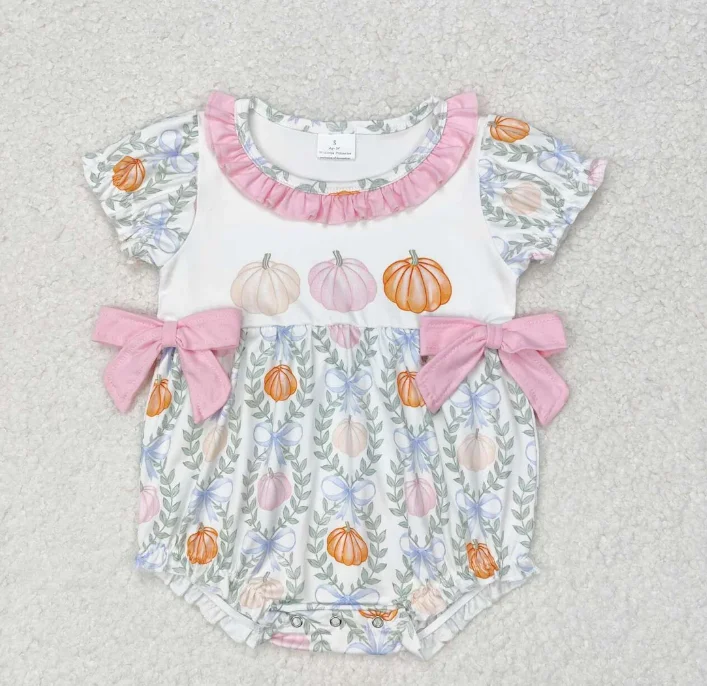

Hot Sale Baby Girls Pumpkin Print Baby Girls Fall Romper Boutique Baby Girl Orange Pumpkin With Pink Bows Onesies