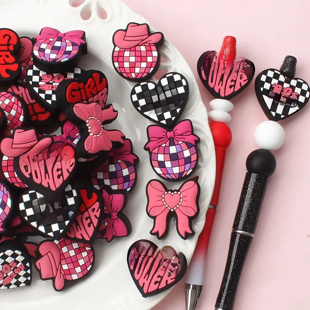 5/20/50 pièces nœud coeur perles de Silicone rose mignon Plaid 90s puissance filles garçons perles focales pour la fabrication de bijoux stylo perlé bricolage porte-clés