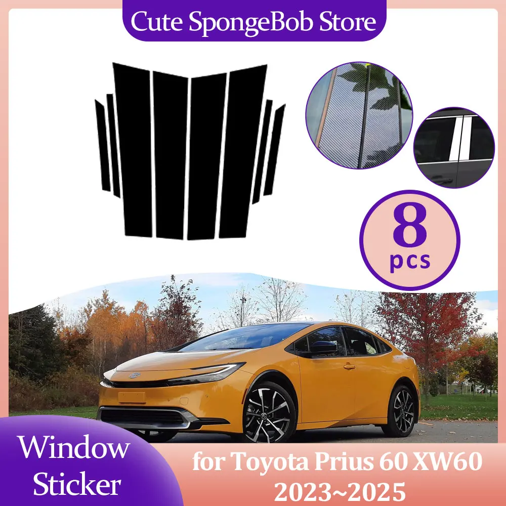 Car Door Window Pillar Sticker for Toyota Prius 60 XW60 2023~2025 Posts Trim Covers Carbon Fiber Chrome Black Decal Accessories