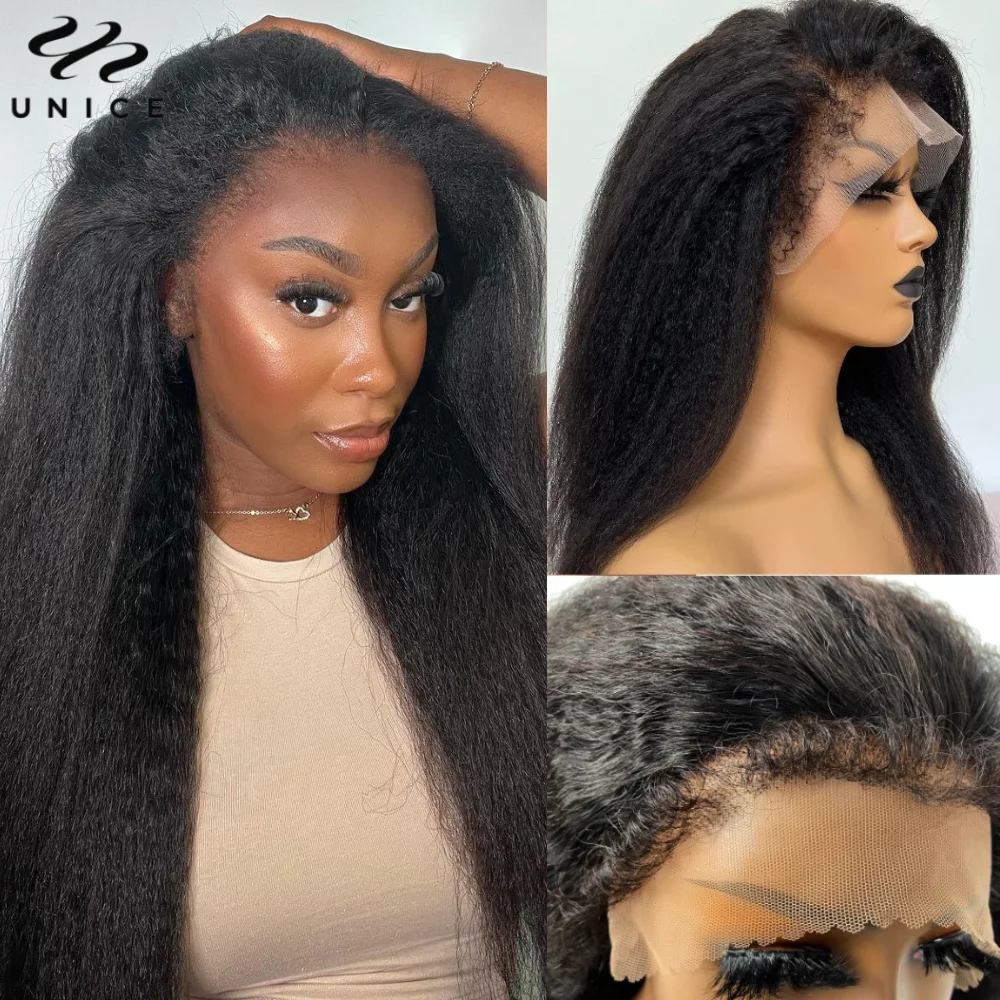 Unice Hair Realistic 4C Edges Hairline Kinky Straight 13x4 Lace Front Wigs Human Hair Pre Plucked Lace Frontal Wigs 150% Density