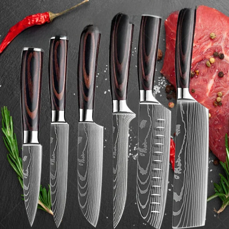 Nóż szefa kuchni Damascus Zestaw noży kuchennych Profesjonalny nóż do odkostniania Tasak do mięsa Nóż uniwersalny Japoński nóż Santoku z pokrywką — zdjęcie 2