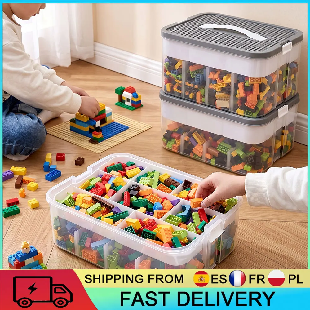 Boîte de rangement pour blocs de construction pour enfants à 3 niveaux, avec plateau de séparation amovible, boîte de rangement pour jouets avec couvercle pour blocs de construction, pour chambre d'enfant, design transparent et visible, pour Lego et autres blocs de construction