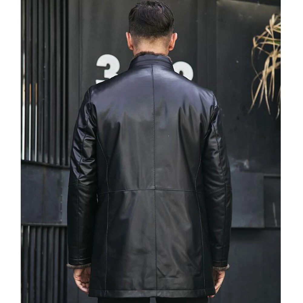 Denny&Dora Mens Leather Jacketts With Mink Fur Black Mens Leather Jacket Mid-Length Style