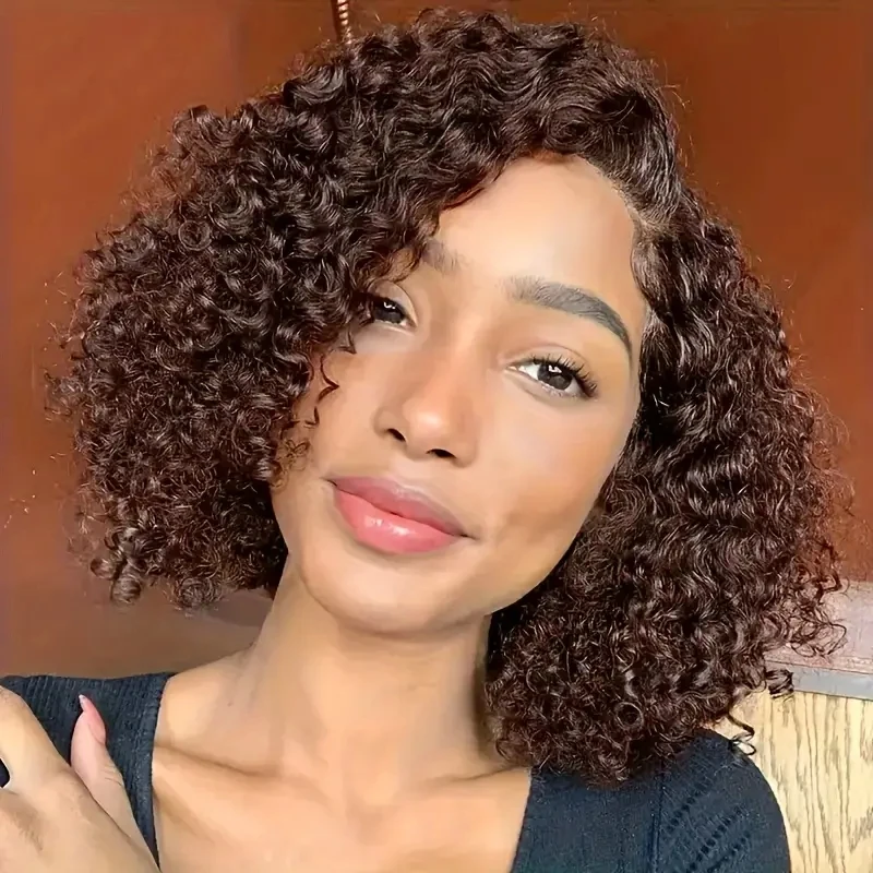 Chocolate Brown Curly Lace Front Bob Wigs Human Hair #4 Colored Curly Lace Frontal Wig For Women 13x4 Short Brown Deep Wave Wig