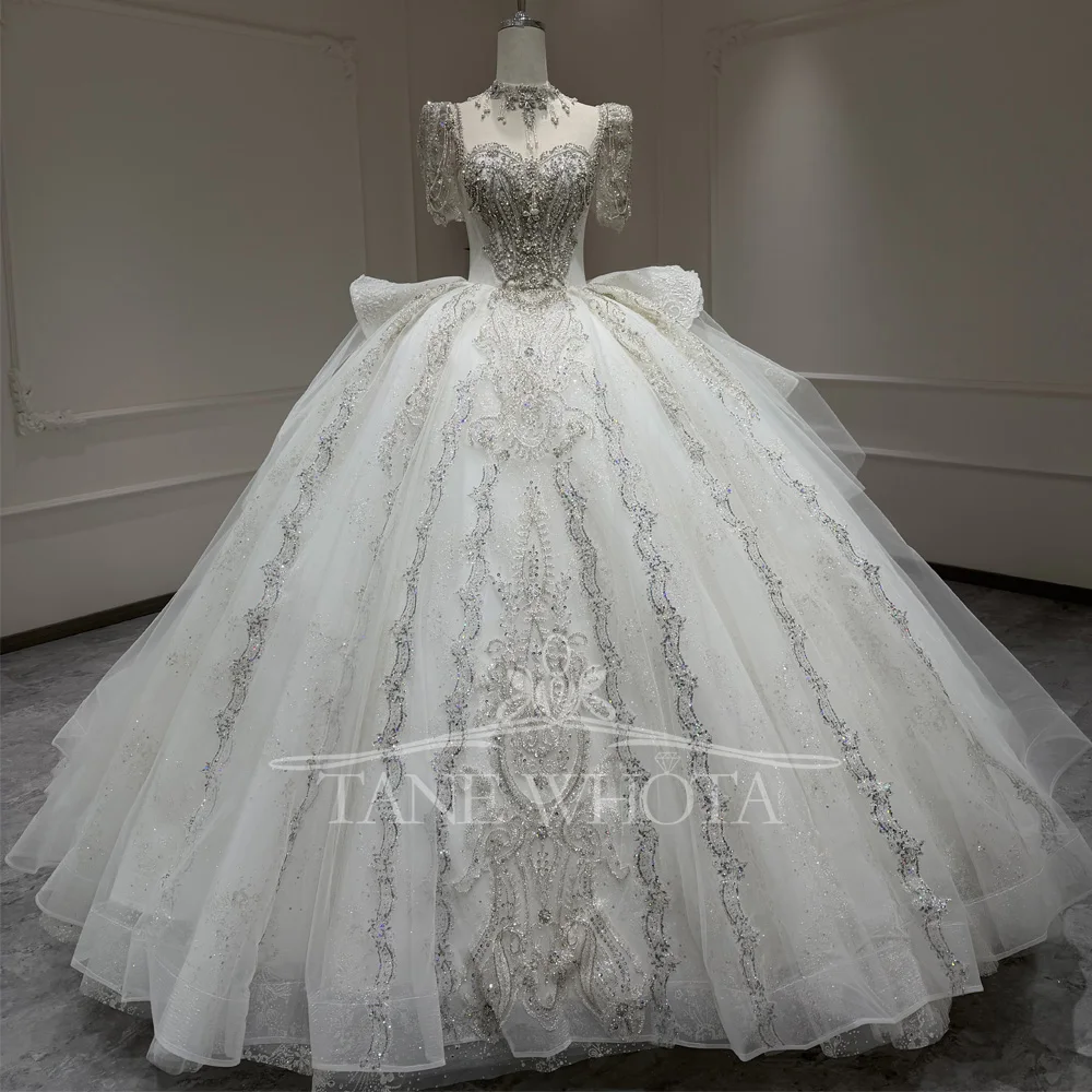 

Свадебное платье с круглым вырезом и половиной рукавов на шнуровке с замочной скважиной сзади, настраиваемое, расшитое блестками и кристаллами, Vestido Novia с бисером