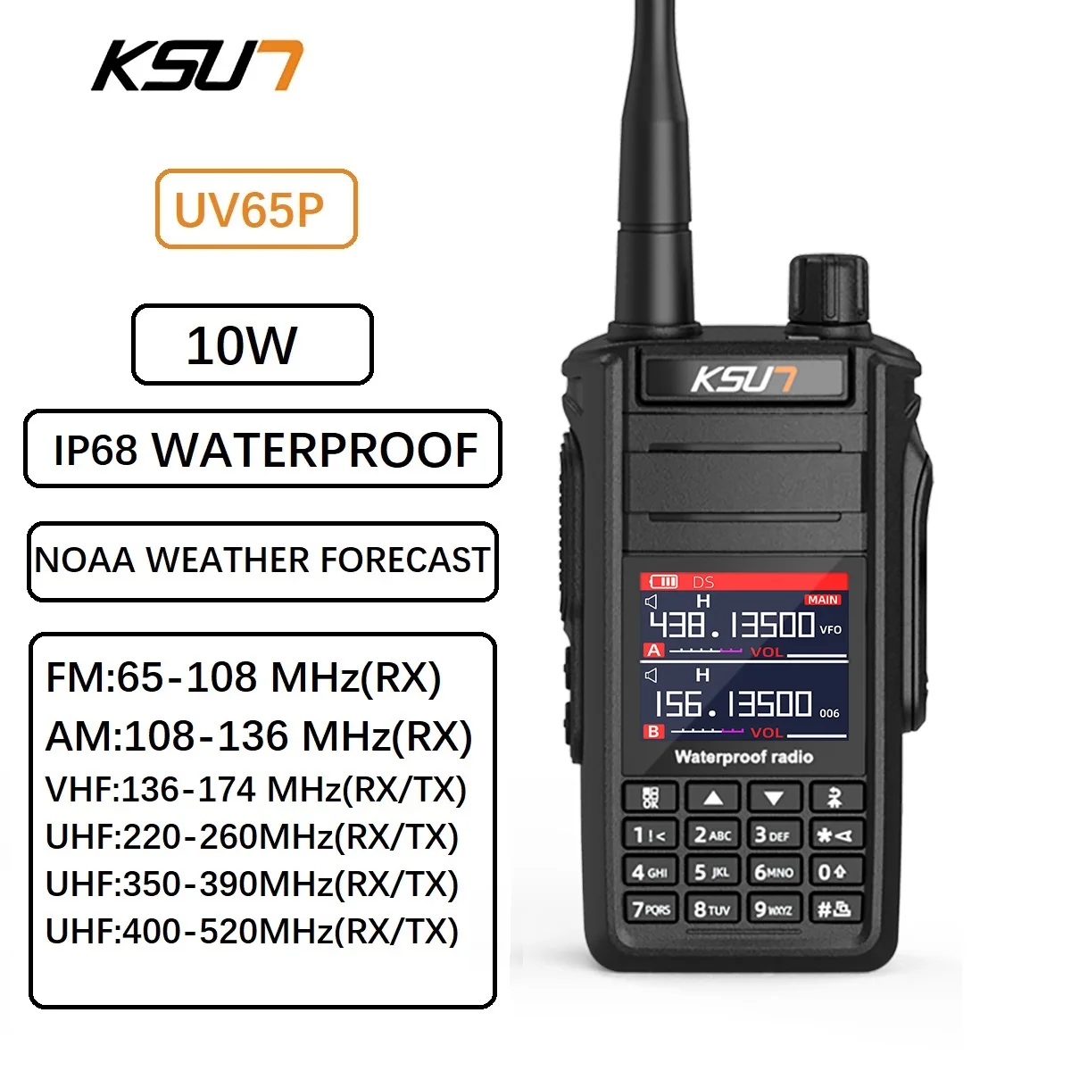 KSUT-Walkie Talkie de Longo Alcance, Impermeável, IP68, UHF, VHF, Transceiver FM, Comunicação, Dispositivo Sem Fio, Rádio em Dois Sentidos, 10W, UV65P