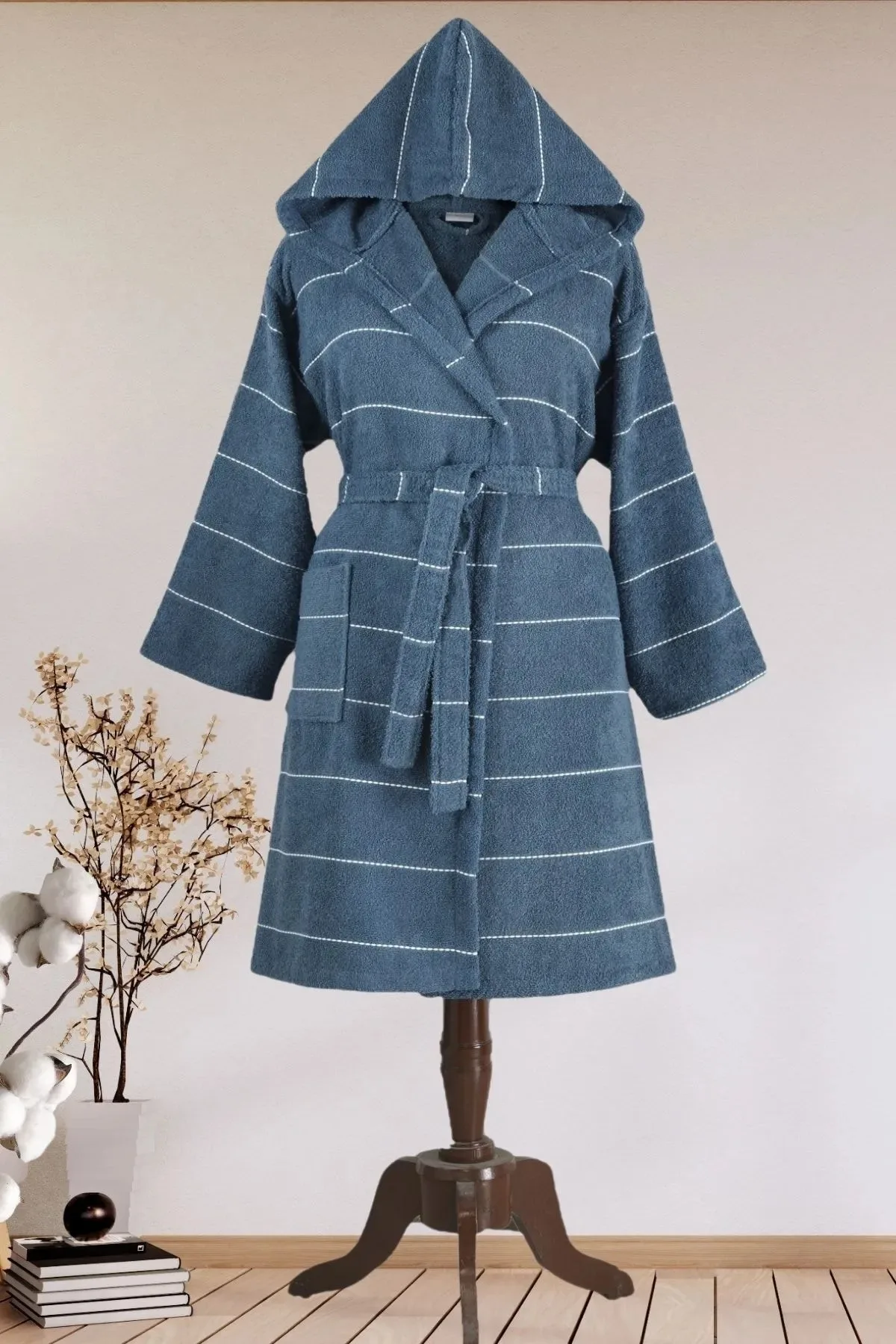 Gray Striped Hooded Bathrobe Set Enjoy Luxurious Comfort. Our Product is Produced From 100% Cotton Yarn.