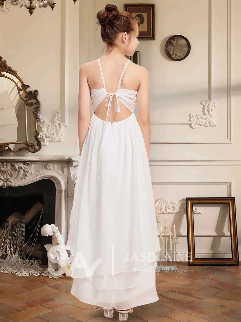 エレガントな A ライン スクープ 非対称シフォン ジュニア ブライズメイド ドレス フラワー ガール ドレス ガールズ パーティー 結婚式 フォーマル オケージョン キッズ