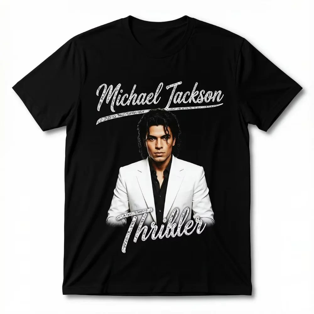 Michael Jackson Thriller Vintage Distressed Script Portrait Graphic T Shirt Classic King Of Pop Retro Music Black Short Sleeve Tees