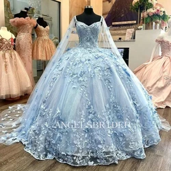 Angelsbridep Light Blue Ball Gown Quinceanera Dresses 2023 Vestidos De 15 Quinceañera With Cape 3D Flowers For 15 Year Old Girls