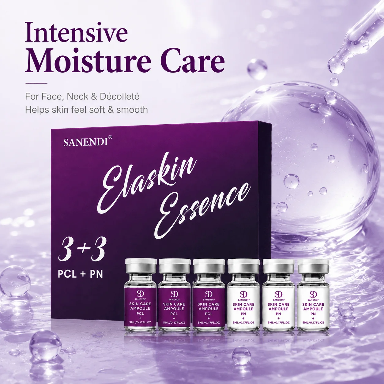 SANENDI Hydrating Facial Ampoule Serum 3+3, Moisture Support and Soft Smooth Skin Care Essence, 6 x 5ml