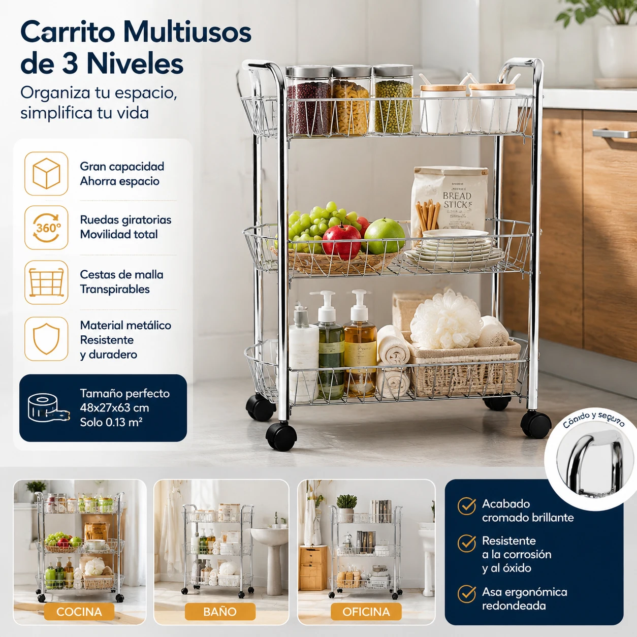 Chariot de rangement en métal chromé à 3 niveaux avec roulettes pivotantes à 360° °     Y Freno, Dimensions 48×27×63 cm, Paniers en maille respirante, Poignées ergonomiques arrondies, Étagère mobile polyvalente pour cuisine, salle de bain, bureau, chambre et salon, Montage facile