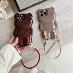 Kawaii Cartoon 3D Bear Phone Case For iPhone17 16 Pro 12 13 14 15 Pro Max Cover with Hand Rope Strap Silicone Cute Cases 15 Fund