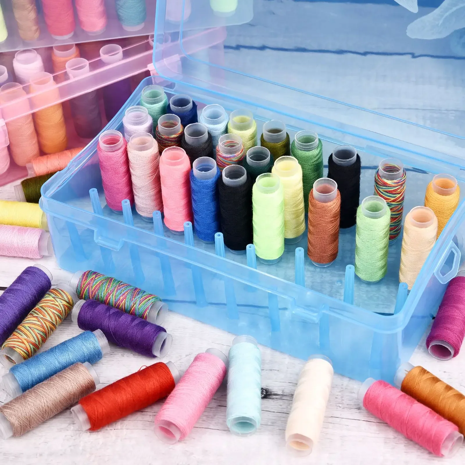BoĂźte de rangement de fils Ă coudre 6-42 axes, mallette de transport de canette, support de conteneur, organisateur de rangement de fil d'aiguille Transparent, bobine de couture