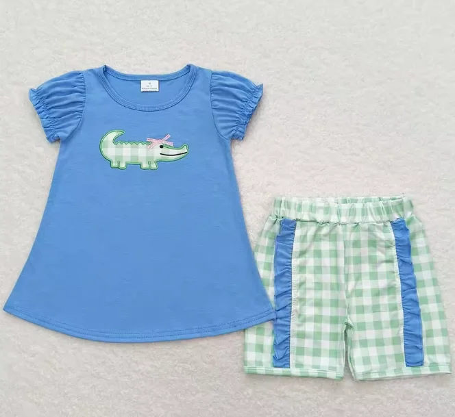 

New Arrival Baby Girls Clothes Alligator T-Shirt Checkered Shorts Sets Summer Kids Siblings Clothes Boutique Outfit