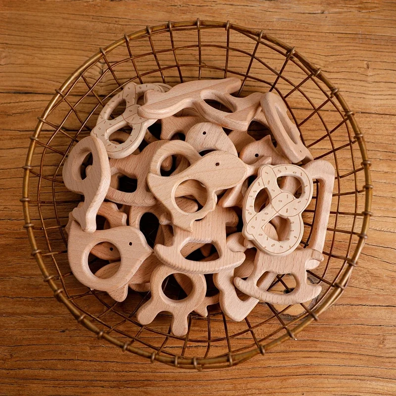 Anneau de dentition en bois pour animaux, 5 pièces, pendentif sucette pour rongeur, jouets en bois, collier pour bébé, cadeau sans BPA, hêtre hérisson, oiseau, vente en gros