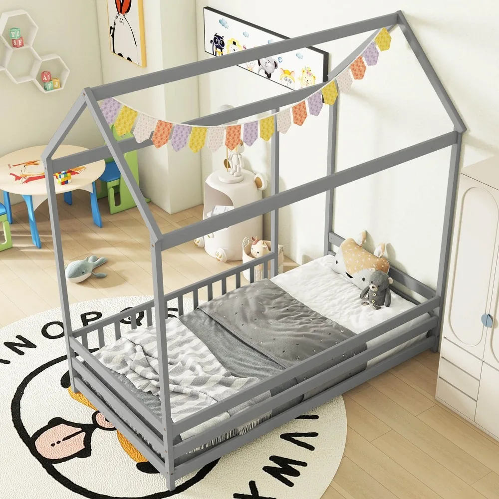 Twin Size House Bed with Roof & Full-length Safety Guardrail Playhouse Bed Frame