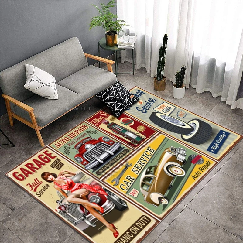 Vintage Car Metal Signs Garage Hot Rod Gas Station With Red Sedan Retro Carpet By Ho Me Lili For Home Floor Decor Rug