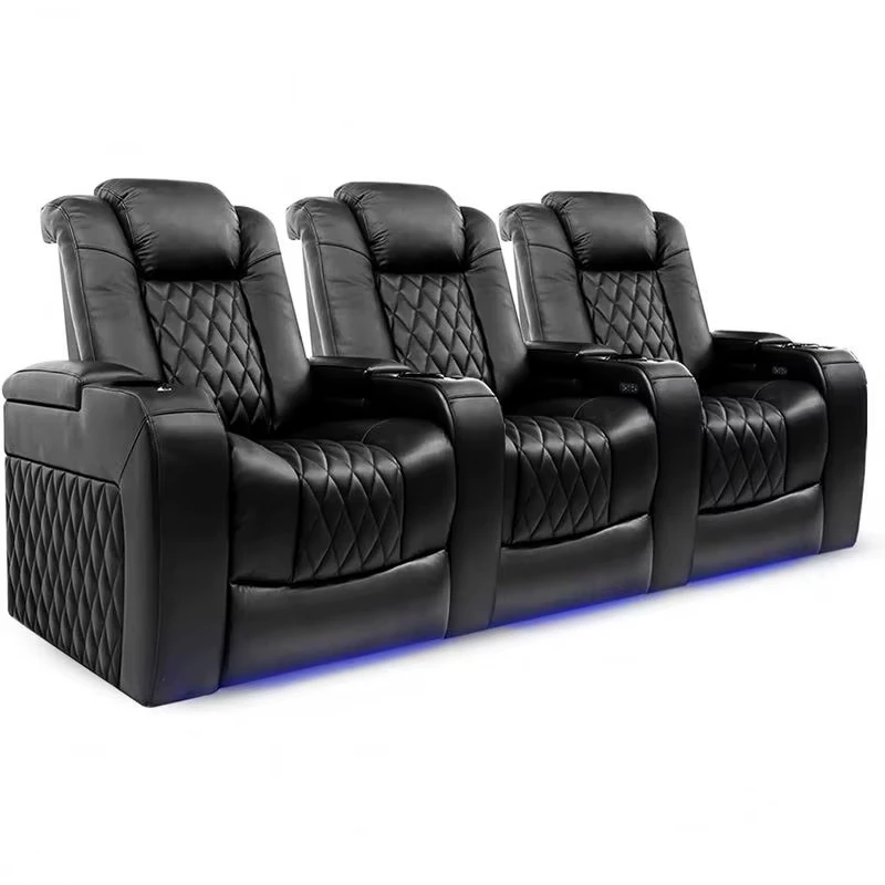 2025 Luxury Leather Three Seater Living Room Home Theater Cinema Recliner Sofa Console and Coffee Table Optional