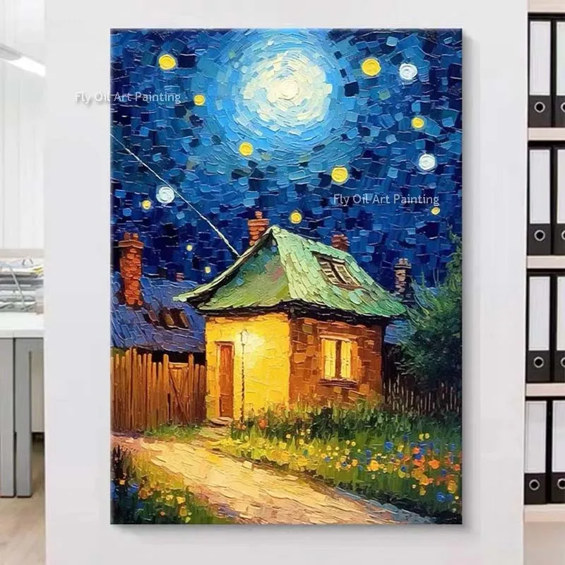 

Cabin Under The Stars Oil Painting Hand Painted Night Starry Sky Canvas Painting Impression Wall Art Decor Unframed As Best Gift