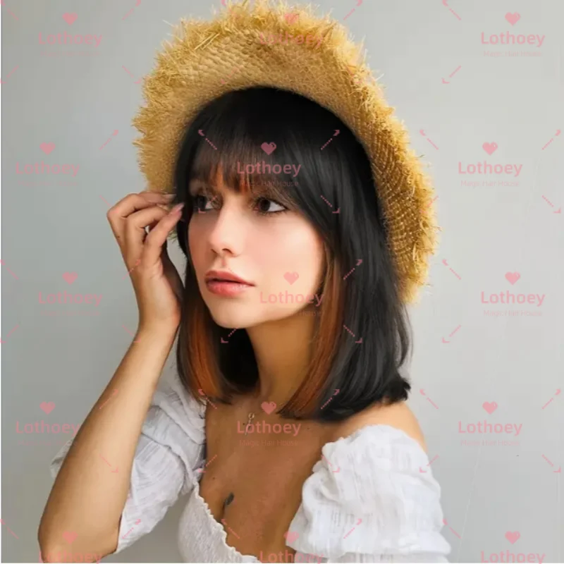 Парик с короткой головой боб с челкой, окрашенный в межцветный парик для косплея, повседневный парик из натуральных волос, натуральный блеск, удобный, дышащий