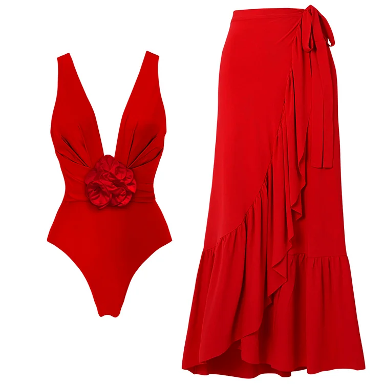 Women\'s swimsuit Detachable 3D Flower Red One Piece Swimsuit and Skirt Vacation Women Bikinis Bathing Suit Swimwear
